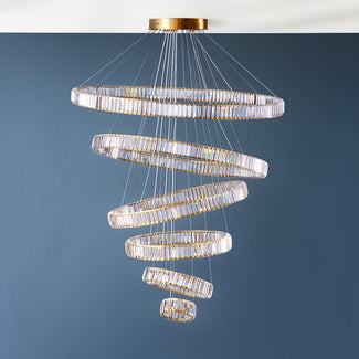 Wonderella 6 ring chandelier in clear glass and brass