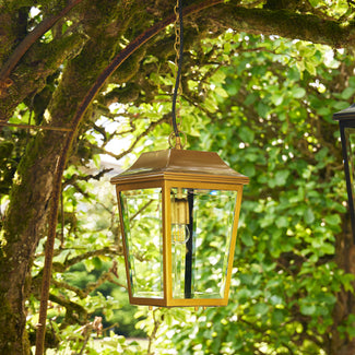 Crail IP44 exterior hanging lantern in antique brass