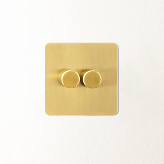 Lucian two gang dimmer switch in top brass